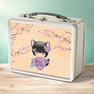Neko Kokeshi Doll - Cat Ears Geisha Girl Metal Lunch Box