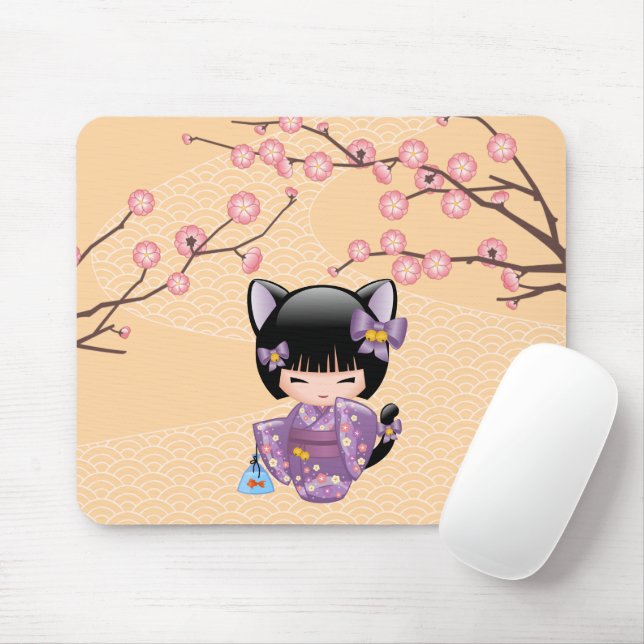Neko Kokeshi Doll - Cat Ears Geisha Girl Mouse Pad (With Mouse)
