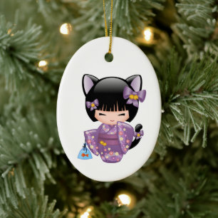 Neko Kokeshi Doll - Cat Ears Geisha Girl on White Ceramic Ornament