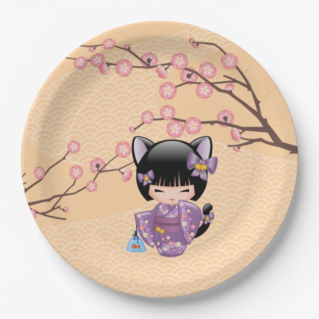 Neko Kokeshi Doll - Cat Ears Geisha Girl Paper Plate (Front)