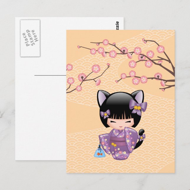 Neko Kokeshi Doll - Cat Ears Geisha Girl Postcard (Front/Back)