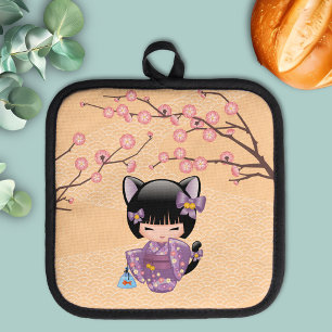 Neko Kokeshi Doll - Cat Ears Geisha Girl Pot Holder