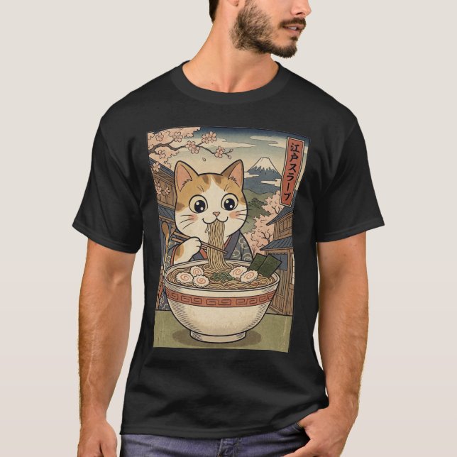 Neko Ramen Dreams – Japanese Woodblock Style Cat T T-Shirt (Front)