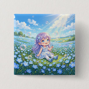 Nemophila flowers, soap bubbles, and a girl 15 cm square badge