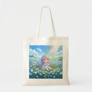 Nemophila flowers, soap bubbles, and a girl tote bag