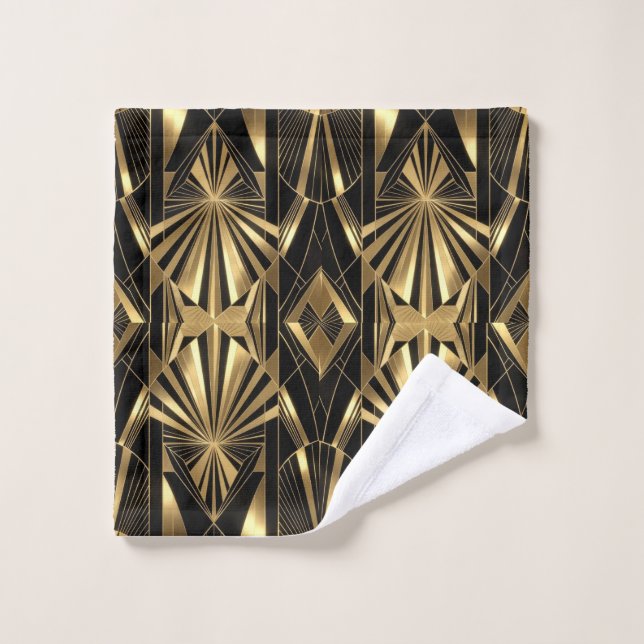 Neo Art Deco Black Gold Geometric Gatsby Bathroom Bath Towel Set (Wash Cloth)