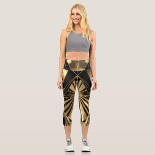 Neo Art Deco Black Gold Geometric Gatsby Capri Leggings
