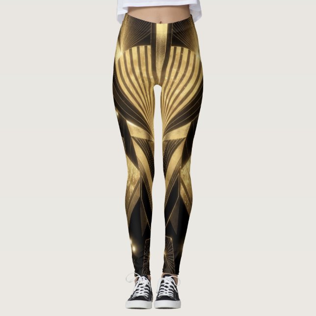 Neo Art Deco Black Gold Geometric Gatsby  Leggings (Front)