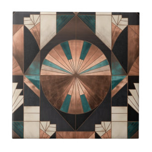 Neo Art Deco Geometric Teal Copper Gold Sunburst Ceramic Tile