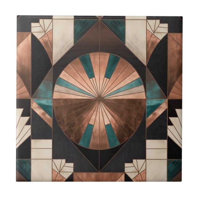 Neo Art Deco Geometric Teal Copper Gold Sunburst Ceramic Tile (Front)
