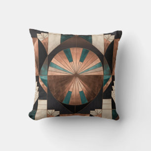 Neo Art Deco Geometric Teal Copper Gold Sunburst Cushion