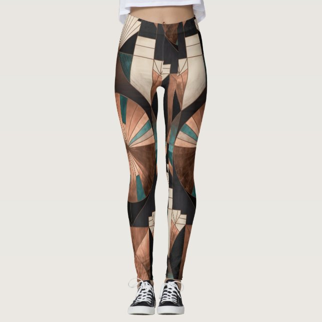 Neo Art Deco Geometric Teal Copper Gold Sunburst Leggings (Front)
