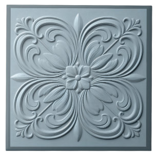 Neo Classical Floral Blue Grey Faux Relief Ceramic Tile