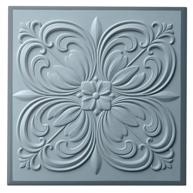 Neo Classical Floral Blue Grey Faux Relief  Ceramic Tile (Front)