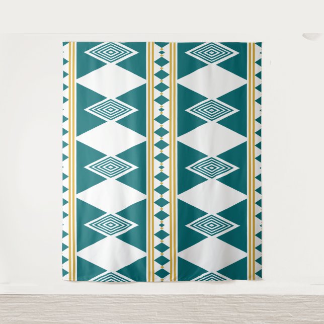Neo-Deco Diamond Grid Teal Wall Tapestry (Front)