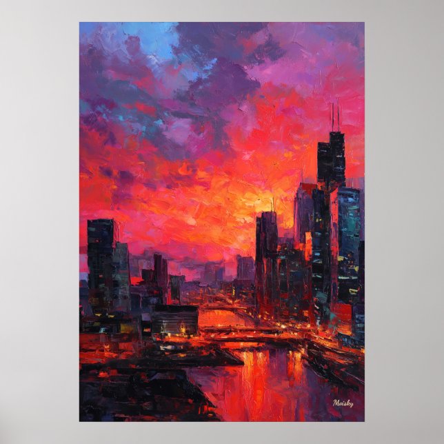 Neo Expressionist Bangkok Skyline Vibrant Sunset Poster (Front)