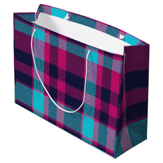 Neo-Fuchsia Plaid Large Gift Bag (Back Angled)