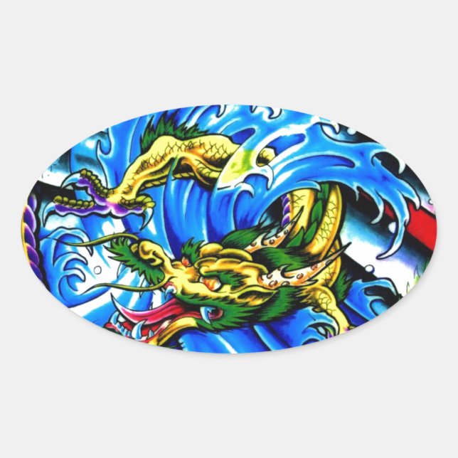 Neo Jap Dragon Tattoo Oval Sticker (Front)