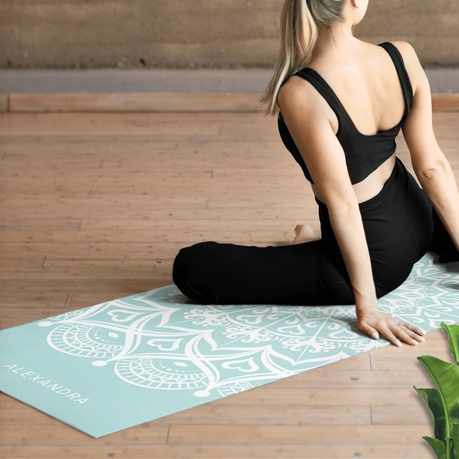 Neo Mint and White Mandala Personalised Boho Yoga Mat (Personalized Neo Mint and White Boho Yoga Mat with Mandala Design)