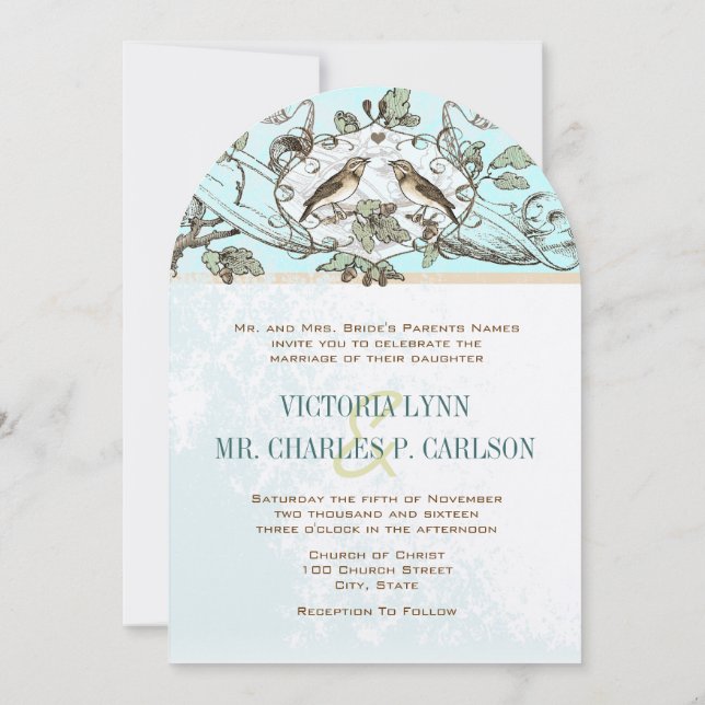 Neo Mint Birds Oak Tree Forest Wedding Invitation (Back)