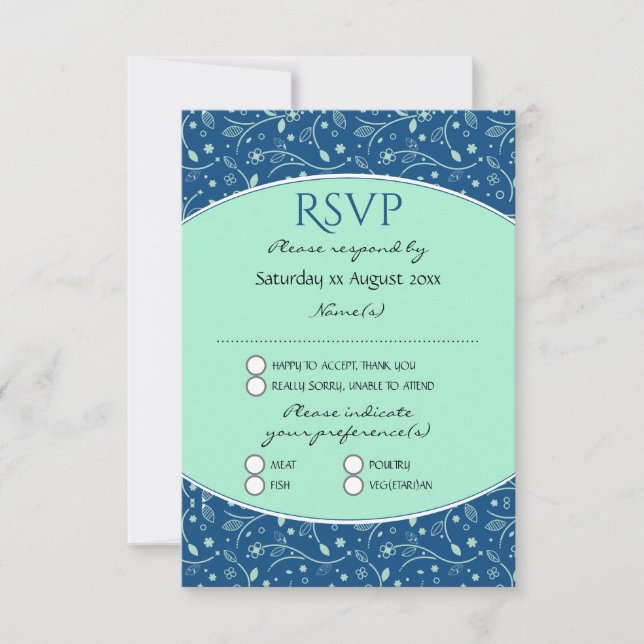 NEO MINT CLASSIC BLUE Elegant Modern Floral RSVP Card (Front)