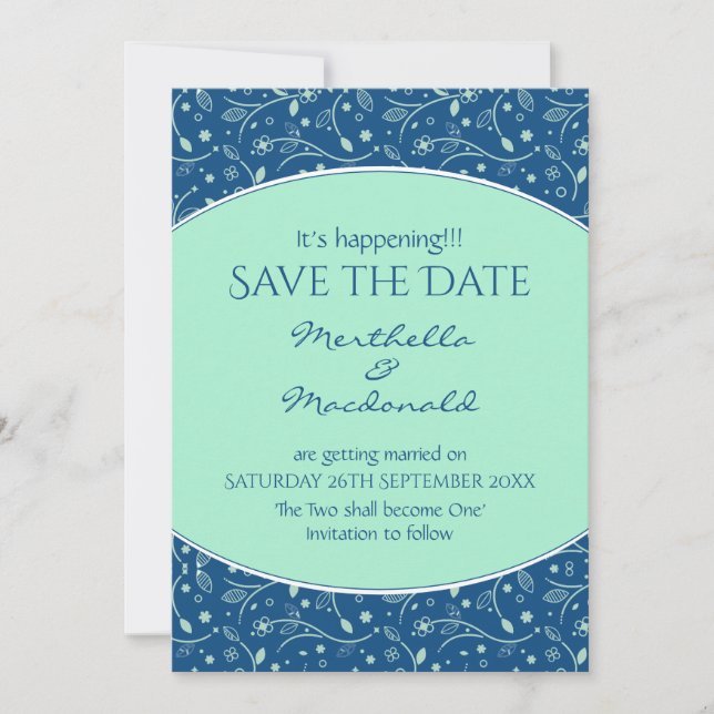 NEO MINT CLASSIC BLUE It's Happening Modern Floral Save The Date (Front)