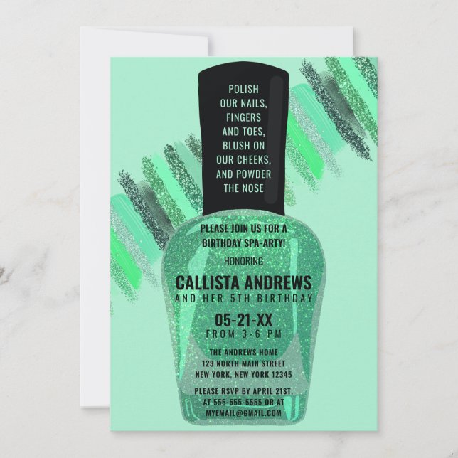 Neo Mint Glitter Nail Polish Spa Day Birthday Invitation (Front)