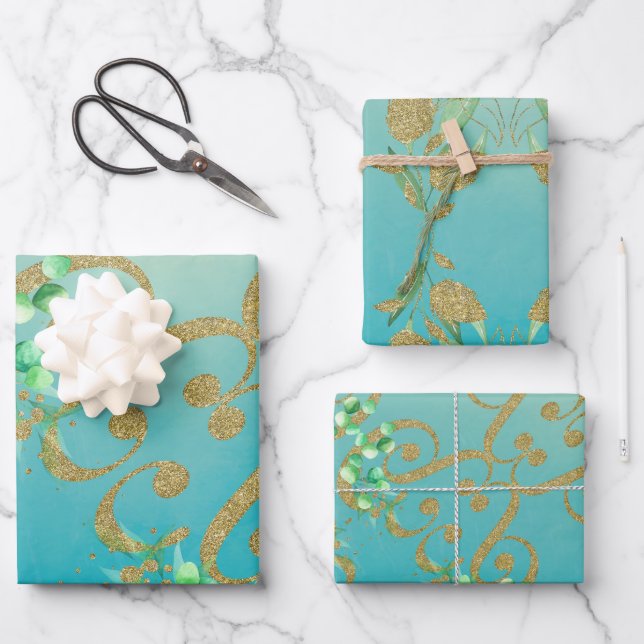 Neo Mint Gold Wrapping Paper Flat Sheet Set of 3 (Front)