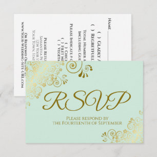 Neo Mint Green & Elegant Gold Lace Frilly Wedding RSVP Card