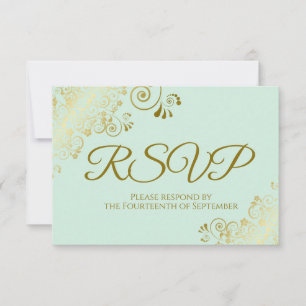 Neo Mint Green & Elegant Gold Lace Frilly Wedding RSVP Card