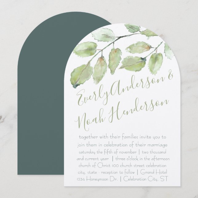 Neo Mint Greenery Typography Fall Wedding Invitation (Front/Back)