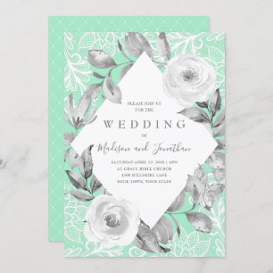 Neo Mint Grey Floral Lace Wedding Invitation