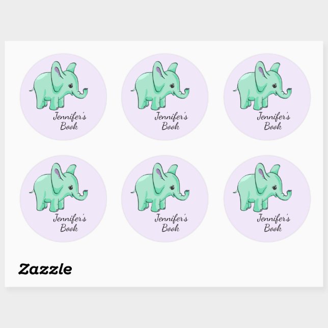 Neo Mint Lavender Elephant Child's Name Bookplate Classic Round Sticker (Sheet)