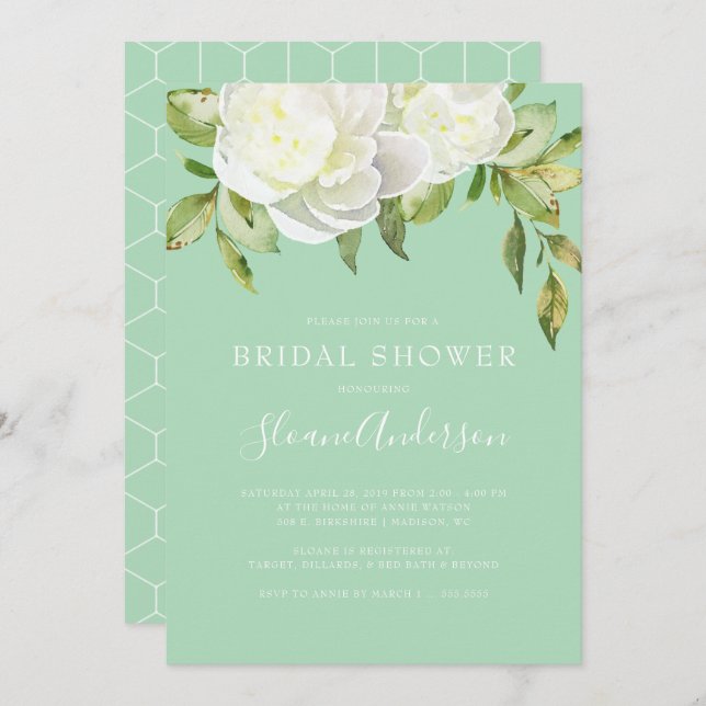 Neo Mint Spring Floral Peony Bridal Shower Invitation (Front/Back)