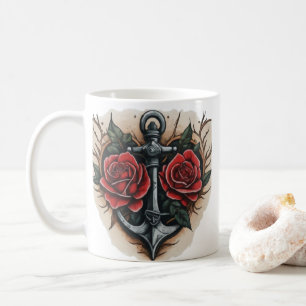 Neo-Traditional Rose, and Anchor Tattoo Coffee Mug