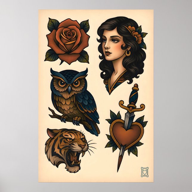 Neo-Traditional Tattoo Flash Sheet Matte  Art Poster (Front)