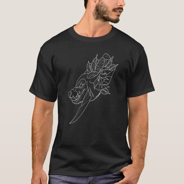 Neo Traditional Wolf Head with Dagger Outline Tatt T-Shirt (Front)