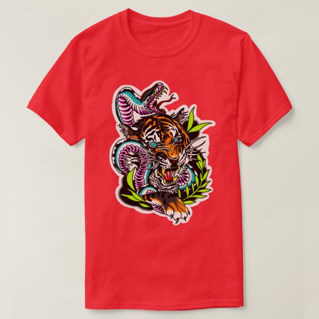 Neo Traditonal Tiger Snake tattoo T-Shirt (Design Front)