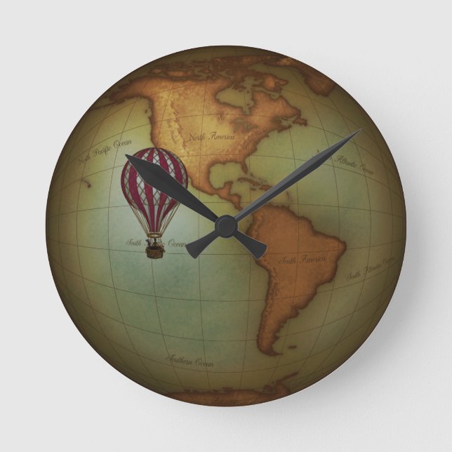 Neo-Victorian Aeronauts Western Hemisphere Map Round Clock (Front)