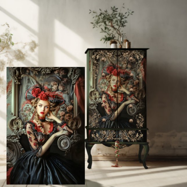 Neo Victorian Gothic Dark Elegance Portrait Art Tissue Paper (Neo Victorian Gothic Beauty, Historical Costumed Woman, Dark Elegance, Red Highlights, Decoupage.)