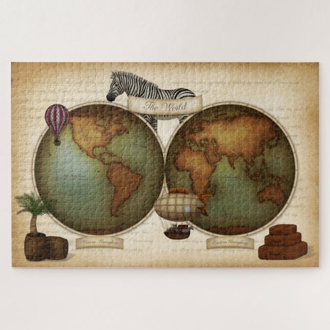 Neo-Victorian World Traveller Atlas Steampunk Map Jigsaw Puzzle (Horizontal)