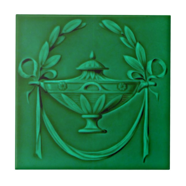 Neoclassical Green Urn Antique Repro Faux Relief Ceramic Tile (Front)