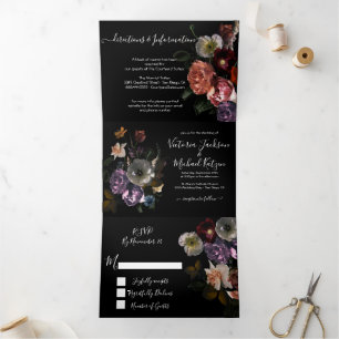 Neoclassical Moonlight Floral Dark & Moody Wedding Tri-Fold Invitation