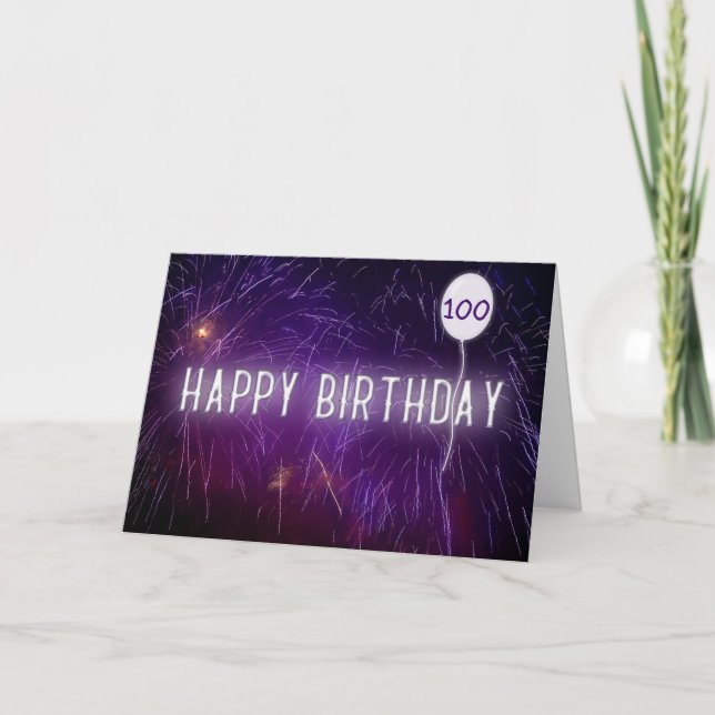 neon 100th birthday sign and balloon in fireworks card (Front)
