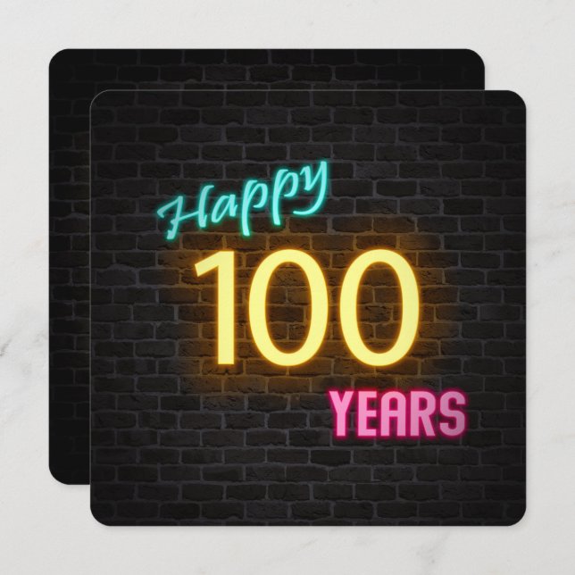 Neon 100th Birthday Sign glowing on brick Invitation (Front/Back)