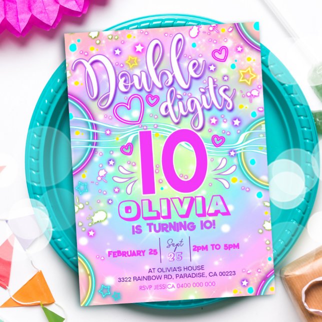 Neon 10th Birthday Invitation Double Digits (Neon Double Digits 10th Birthday Invitation)
