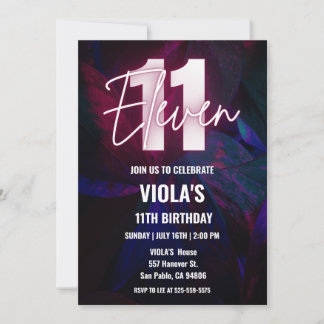 Neon 11th Birthday Invitation