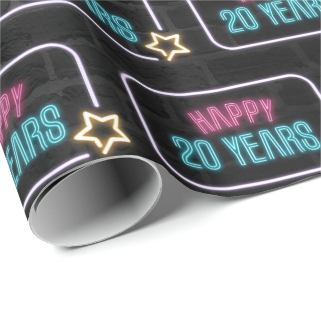 Neon 20th Birthday Marquee On Brick Wrapping Paper (Roll Corner)