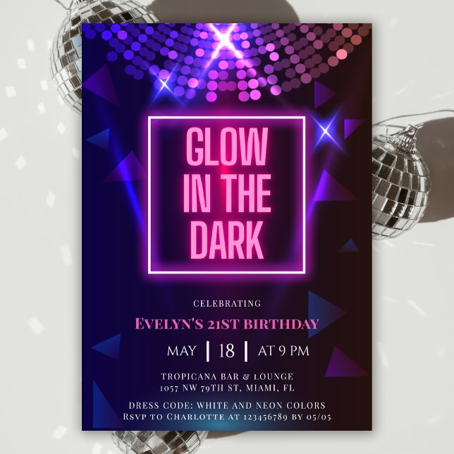Neon 21st Birthday Glow In The Dark Party Invitation (Creator Uploaded)