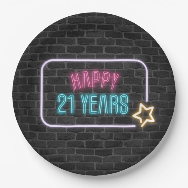 Neon 21st Birthday Marquee On Brick Wall Paper Plate (Front)